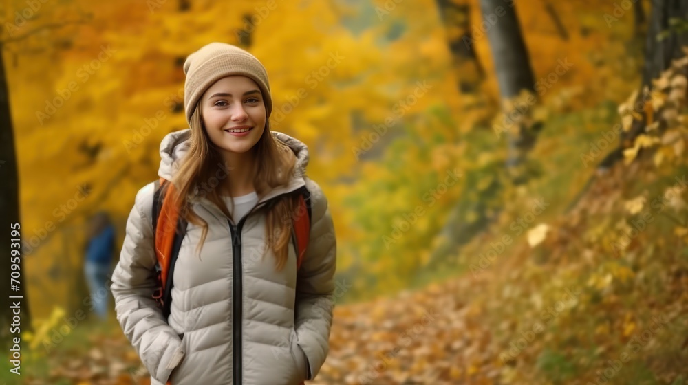 Happy sportswoman enjoying while walking in nature during autumn day. Copy space. Happy sportswoman enjoying while walking in nature during autumn day. Copy space.