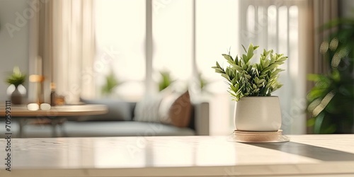 Harmonious home interior. Cozy living space featuring wooden table adorned with green potted plant creating natural and fresh atmosphere perfect for interior design concepts