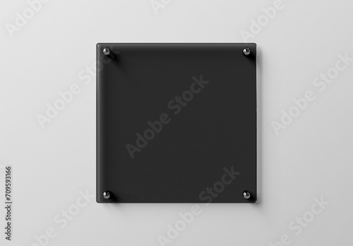 Transparent glass sign plate on white wall Mockup. Business plate 3D rendering