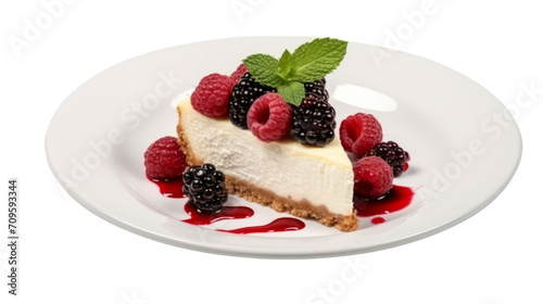 Slice of cheesecake with berry topping on a white plate with transparent background.
