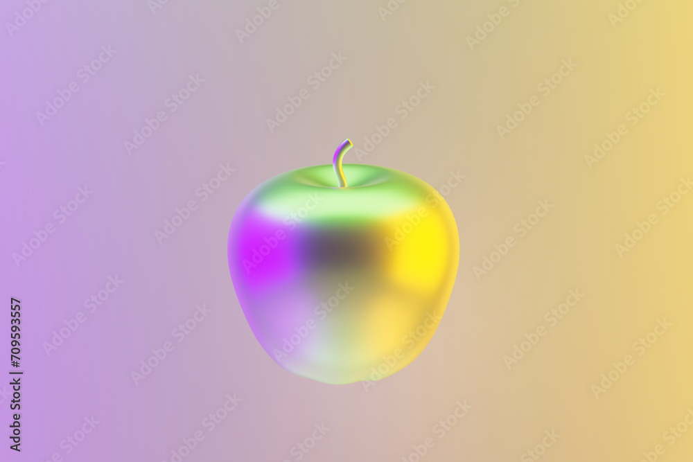 Obraz premium Metallic glossy apple model in neon pastel light. 3d rendering