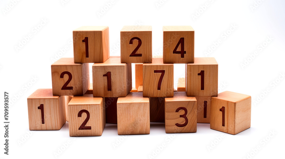 Minimalist Wooden Cube Numbers on White Background Minimalist Wooden Cube Numbers on White Background