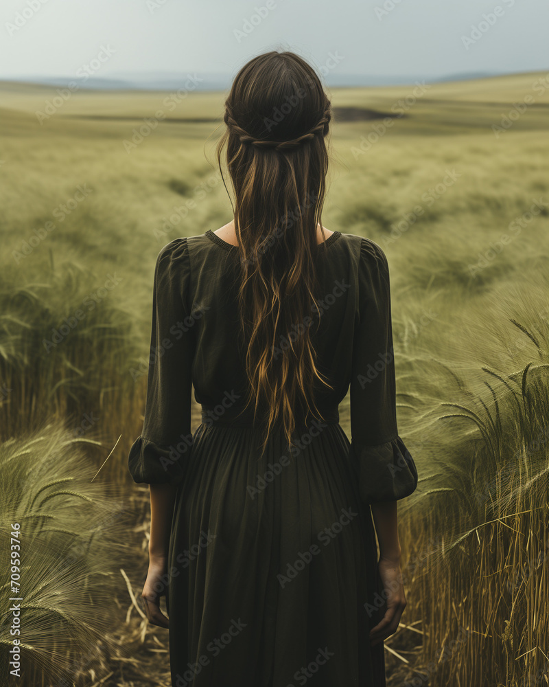 woman in a field, A Back View of a Woman in Black Dress Standing on Green Grass Field