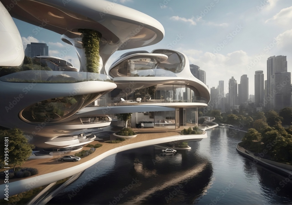 Fototapeta premium Futuristic house suspended in the air within a bustling floating cityscape, showcasing advanced architecture and sustainable energy solutions. Illustration. Created with Generative AI