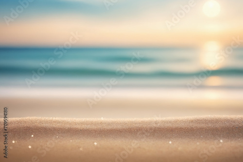 Seascape abstract beach background. blur bokeh light of calm sea and sky. Focus on sand foreground