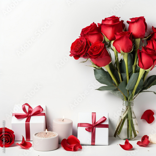 St. Valentine's Day banner. Happy St. Valentine's Day, Mother's Day, Women's Day web line. Red roses bouquet, gift box and candles on white background. Copy space, product place. Festive banner
