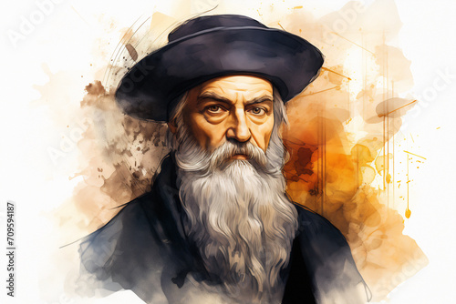 Portrait watercolor illustration of Nostradamus. Generative AI image. photo