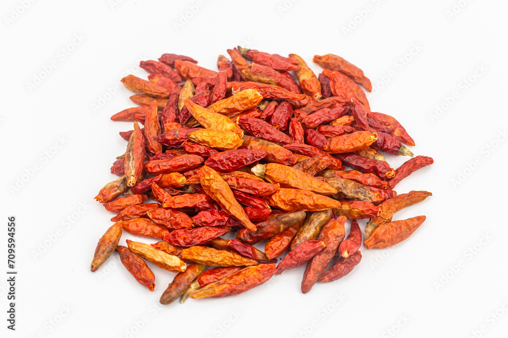 Dried red chili on white background, Thai spicy food, Thailand. Dried red chili on white background, Thai spicy food, Thailand.