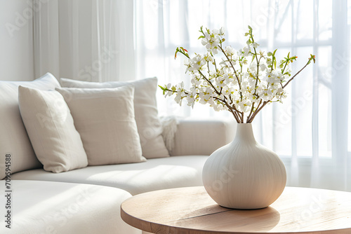 Stylish composition at white interior with wooden coffee table, spring flowers in vase, pillows on thw sofa in modern home decor. Details. Template photo