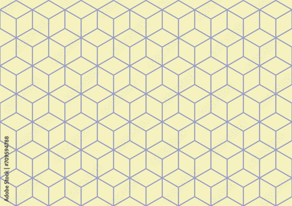 Isometric box pattern wallpaper. Background. Isometric shape. Print design. Graphic design. Vector pattern. Geometric pattern. Fabric. Decorative. Ornaments. Pastel purple and yellow tone. Form.