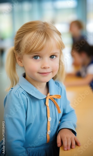 A little girl in a blue dress is sitting at a table. Generative AI.