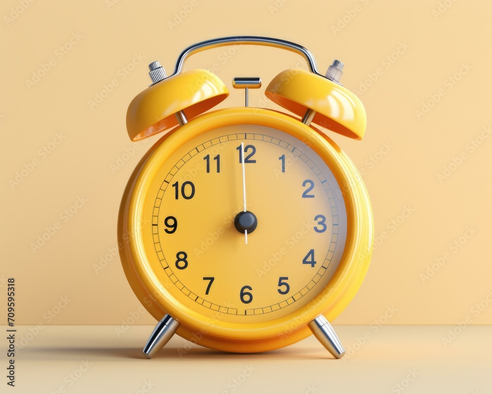 A yellow alarm clock on a yellow background. Generative AI. A yellow alarm clock on a yellow background. Generative AI.