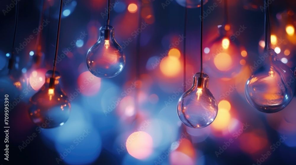 Many light bulbs hanging from a string. Generative AI. Many light bulbs hanging from a string. Generative AI.