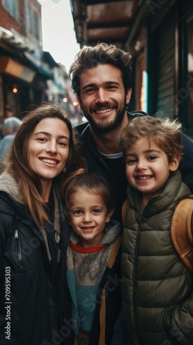 A family posing for a photo in an alley. Generative AI. © Natalia