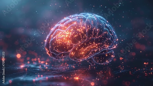 glowing human brain shape consisting of tiny lines on soft grey background