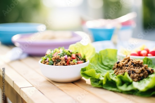 vegan tapenade spread on a lettuce wrap  sunny picnic table