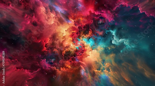 Vibrant Cosmic Clouds: A Colorful Nebula Texture Illustration with Rich Reds, Blues, and Yellows Amidst Stars
