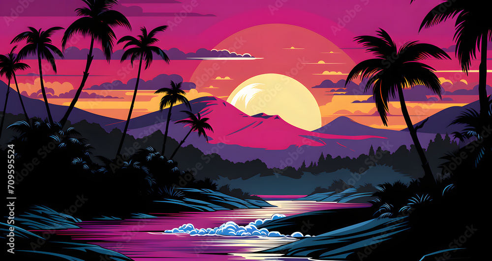 a cartoon sunset view with palm trees and mountains