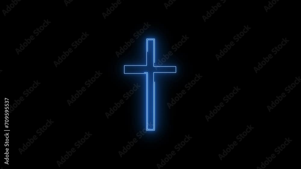 Video footage of Blue glowing Christian cross neon icon. Looped Neon Lines abstract on black background. Futuristic laser background. Seamless loop. 4k video