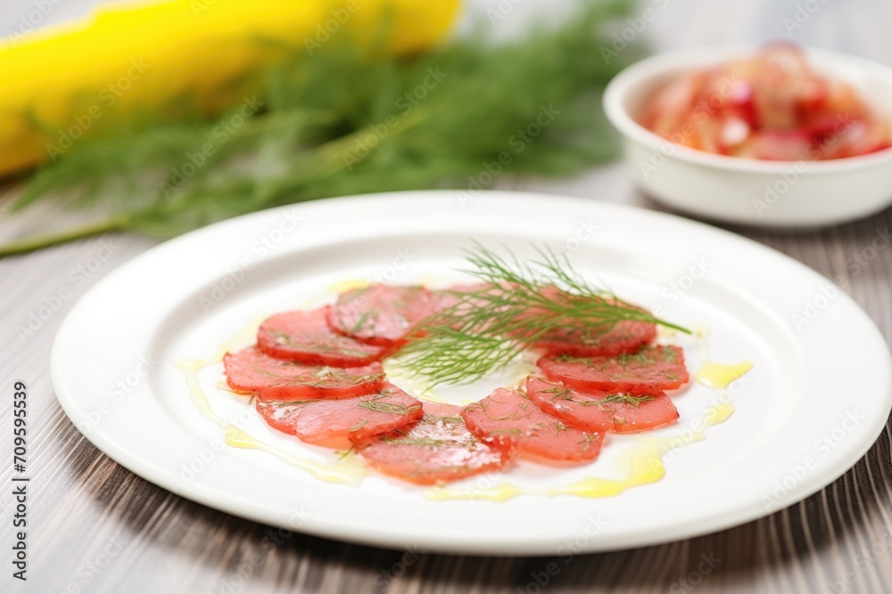 thinly sliced beet carpaccio on white plate with a sprig of dill