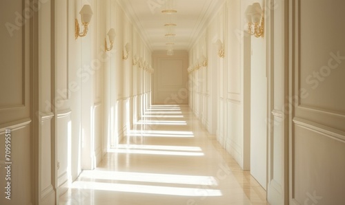 A long hallway with white walls and light shining down. Generative AI.