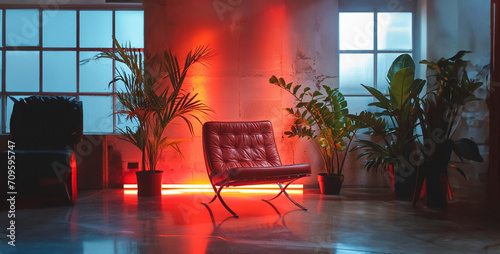 Interior of living room with armchair and palm trees in neon light Red armchair in modern living room interior with plants. 3d rendering