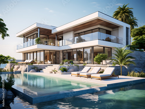 Beautiful modern luxury villa with a large swimming pool in front  and blue sky above. Created with Generative AI.