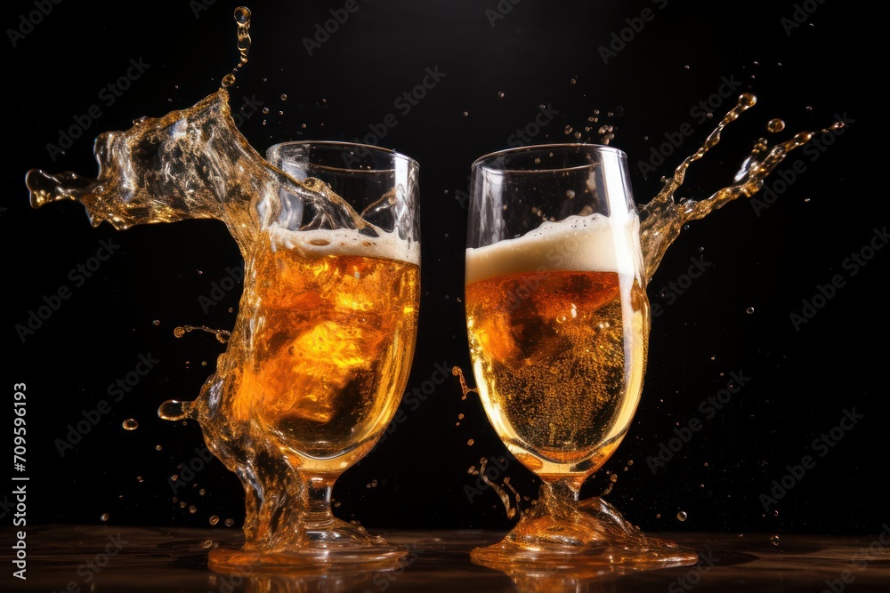 a close up of two glasses of beer with water splashing out of the top and bottom of the glasses. a close up of two glasses of beer with water splashing out of the top and bottom of the glasses.