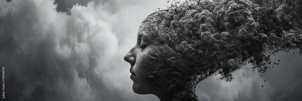 black and white silhouette of a person's head in profile falling apart, symbol of sadness, depression and crisis, copy space black and white silhouette of a person's head in profile falling apart, symbol of sadness, depression and crisis, copy space