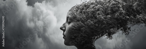 black and white silhouette of a person's head in profile falling apart, symbol of sadness, depression and crisis, copy space