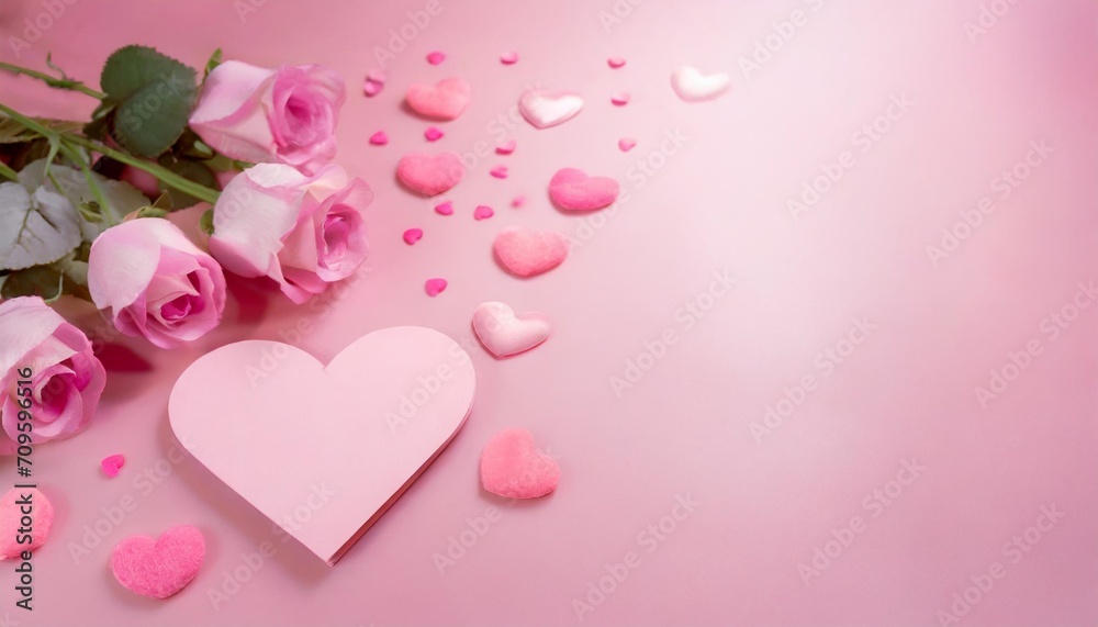 pink valentine card with hearts on a pink background with copy space