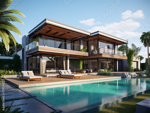 Beautiful modern luxury villa with a large swimming pool in front, and blue sky above. Created with Generative AI. © an
