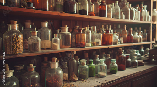 An ancient apothecary filled with jars and bottles containing remedies for various old-time diseases.