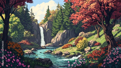 Colorful Pixel Art Landscape with Waterfall, Forest, Flowers, and Pond