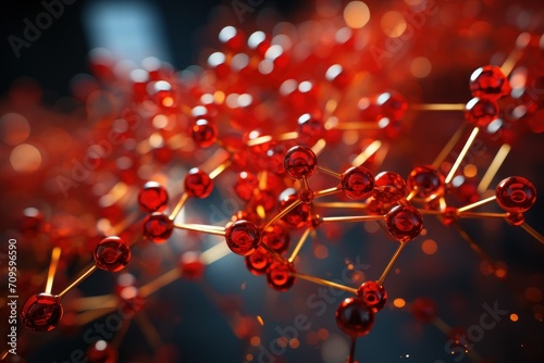  a close up view of a bunch of red beads on a black and red background with a blurry light in the background.