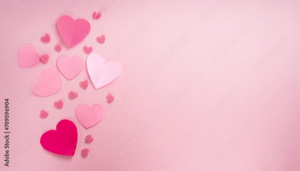 pink valentine card with hearts on a pink background with copy space