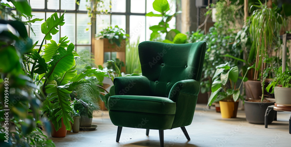 Green armchair in the interior of a modern room with plants, Green armchair in the interior of a modern flower shop. Home gardening concept.