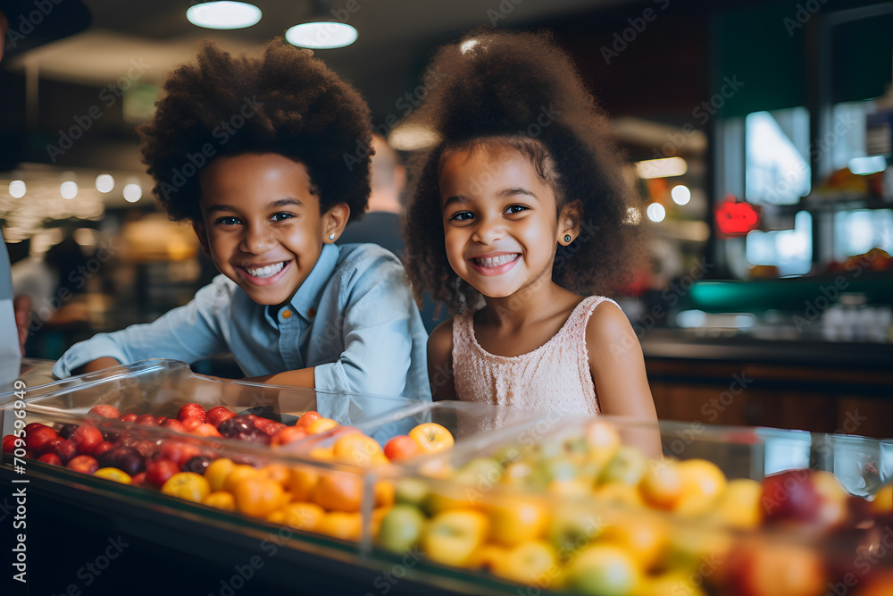 Black mulattoes with voluminous hairstyles cheerful children little boy and girl choose fresh sweet fruits in supermarket on the counter - obrazy, fototapety, plakaty 