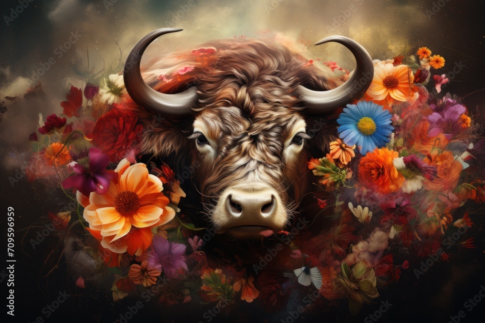  a painting of a bull with large horns and flowers around it's neck, with a sky in the background.