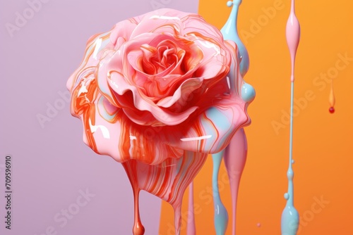 Wallpaper Mural  a painting of a pink rose on a purple, orange, and pink background with drops of liquid coming out of it. Torontodigital.ca