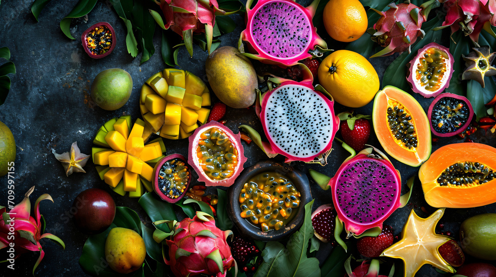 An artistic composition of exotic fruits like dragon fruit star fruit and passion fruit with a focus on their unique shapes and textures.