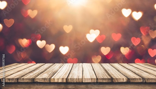valentine s day themed background with empty pastel color wooden table for product display bokeh lights copy space and hearts in the background photo