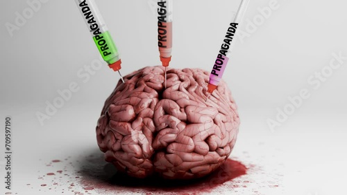 The human brain is inoculated with propaganda - symbolism of society's brainwashing to control their thinking, e.g., through television. 3d render photo