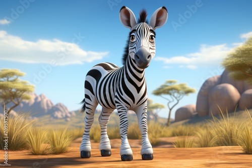  a zebra standing on top of a dirt field next to a field of grass and trees on a sunny day.