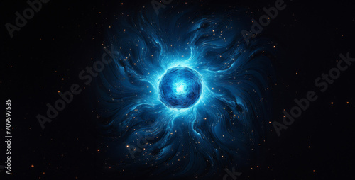 Abstract blue star on black background. 3d rendering, 3d illustration.Abstract background with luminous swirling. Elegant glowing circle. Sparking particle. Space tunnel. Glossy jellyfish.
