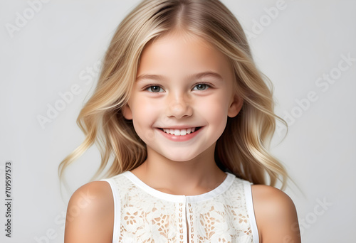 White background photo of professional portrait of cute blond Caucasian girl child model smiling with perfect clean teeth. For advertising, web design, etc.
