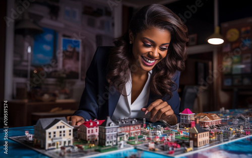 Happy real estate manager, stylish woman dark skin, playing board strategy game with plastic houses