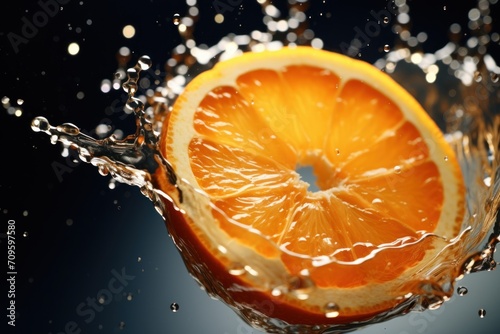  a close up of an orange with water splashing off of it s side and the top half of the orange in the foreground.