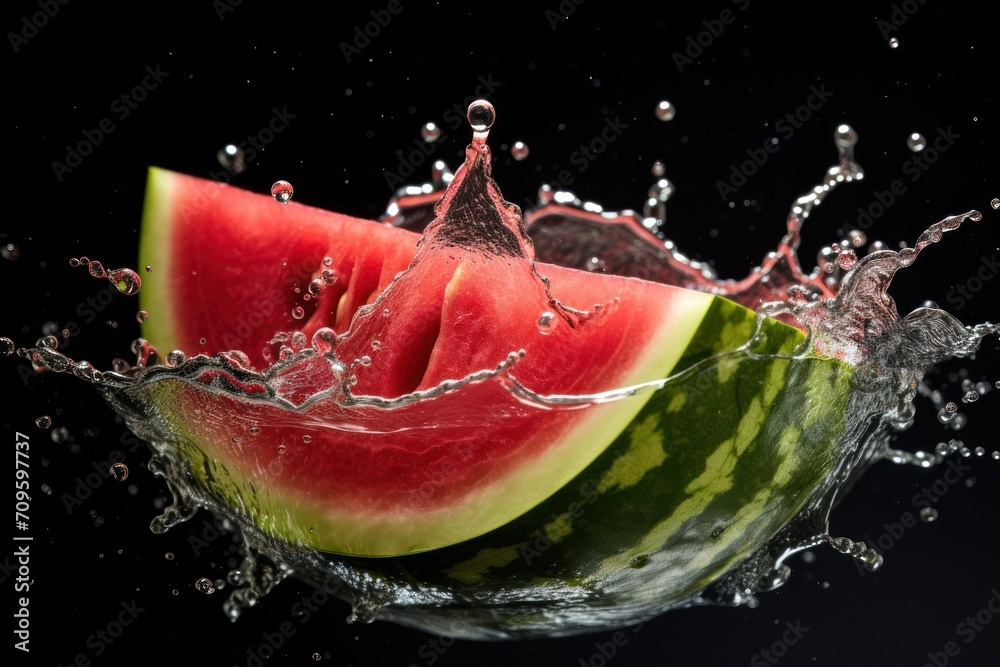 a slice of watermelon being dropped into the water with a splash of water on the top of it. a slice of watermelon being dropped into the water with a splash of water on the top of it.
