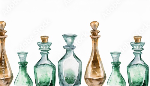 seamless banner of watercolor empty glass vintage bottles for perfume and elixirs in fantasy games in the alchemy laboratory for magic potions elements on white background